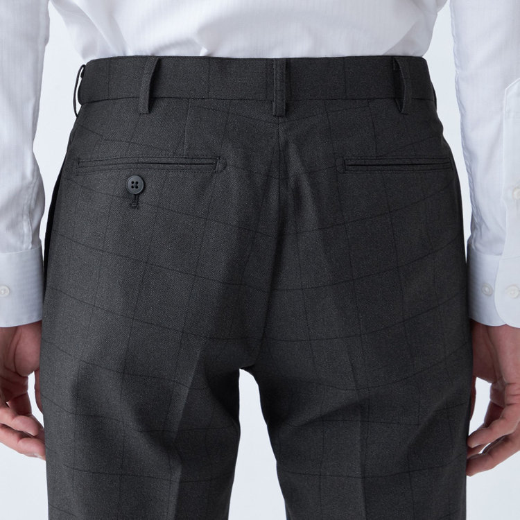 ブラックライン 【SLIM TAPERED】【秋冬】ポリエステル0タックテーパードパンツ/グレー×ウィンドペン/ウエストムーブ/ウォッシャブル/4S SUSTAINABILITY&ECOLOGY FABRIC/裾上げ済み仕様 グレー中間