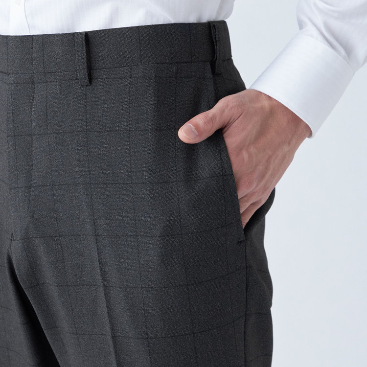 ブラックライン 【SLIM TAPERED】【秋冬】ポリエステル0タックテーパードパンツ/グレー×ウィンドペン/ウエストムーブ/ウォッシャブル/4S SUSTAINABILITY&ECOLOGY FABRIC/裾上げ済み仕様 グレー中間