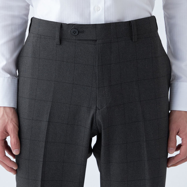 ブラックライン 【SLIM TAPERED】【秋冬】ポリエステル0タックテーパードパンツ/グレー×ウィンドペン/ウエストムーブ/ウォッシャブル/4S SUSTAINABILITY&ECOLOGY FABRIC/裾上げ済み仕様 グレー中間