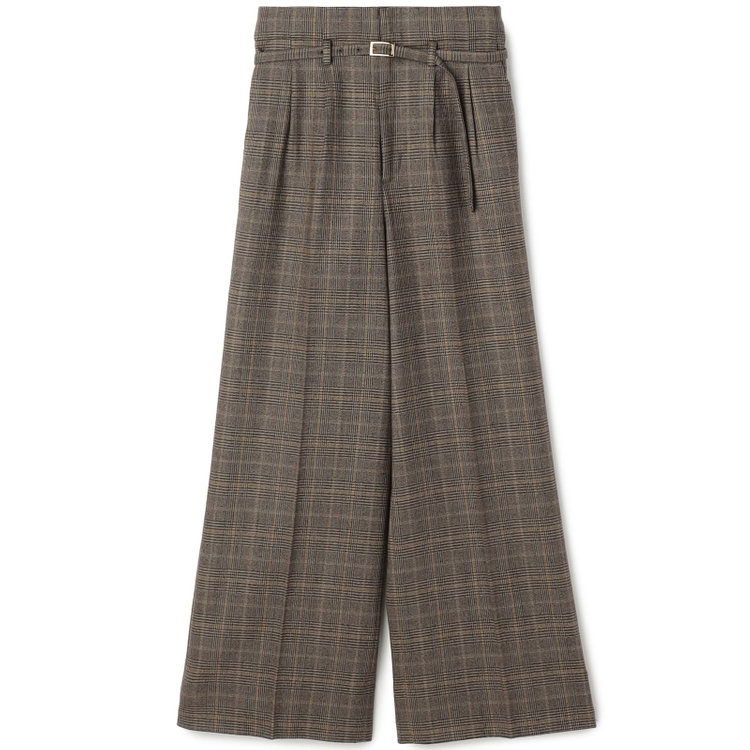 シルバーライン 【SILVER LINE】【秋冬】共生地ベルト付きワイドパンツ/ブラウン×チェック/裾上げ済仕様 茶中間