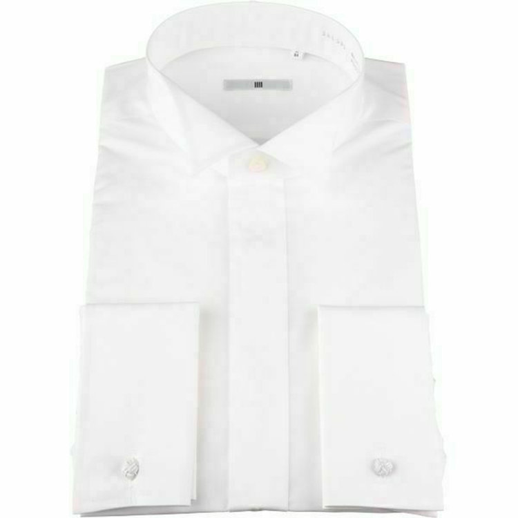 SUIT SELECT　アウトレット 【WEB限定/OUTLET/汚れ・変色・キズ等有】【SL-4】ウイングカラードレスワイシャツ/ホワイト×ブロード/ダブルカフス(ゴムカフス付) 白