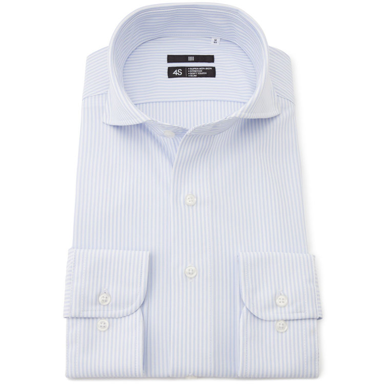 ブラックライン 【発送在庫あり】【BLACK LINE】ホリゾンタルワイドワイシャツ/サックス＆ホワイト×ストライプ/「4S」スーパーノンアイロン・ストレッチ 青淡色