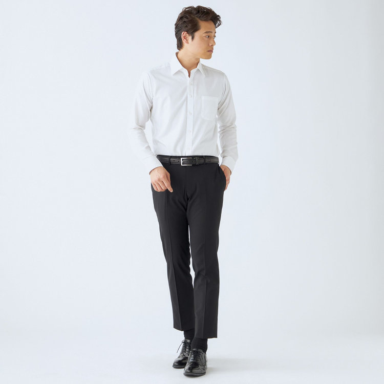 ブラックライン 【発送在庫あり】【SLIM TAPERED】【春夏】4S 0タックテーパードパンツ/ブラック×シャドーストライプ/ウエストシャーリング仕様/ウォッシャブル/※裾上げ済仕様 黒