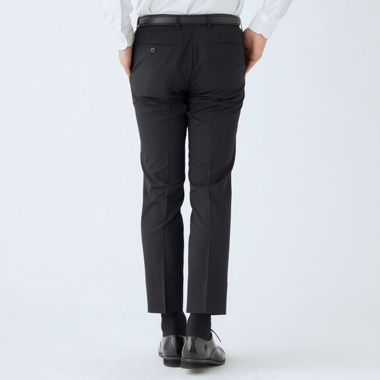 ブラックライン 【発送在庫あり】【SLIM TAPERED】【春夏】4S 0タックテーパードパンツ/ブラック×シャドーストライプ/ウエストシャーリング仕様/ウォッシャブル/※裾上げ済仕様 黒