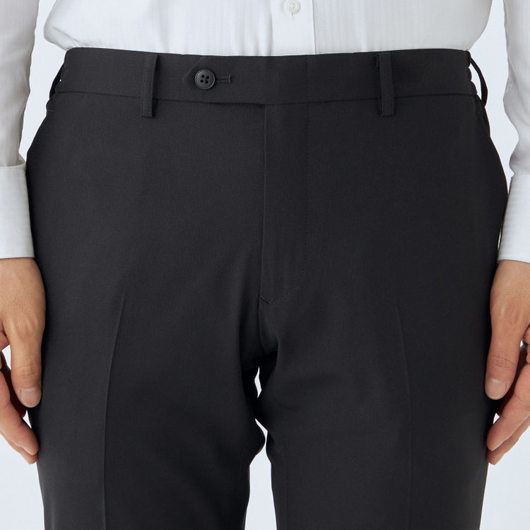 ブラックライン 【発送在庫あり】【SLIM TAPERED】【春夏】4S 0タックテーパードパンツ/ブラック×シャドーストライプ/ウエストシャーリング仕様/ウォッシャブル/※裾上げ済仕様 黒