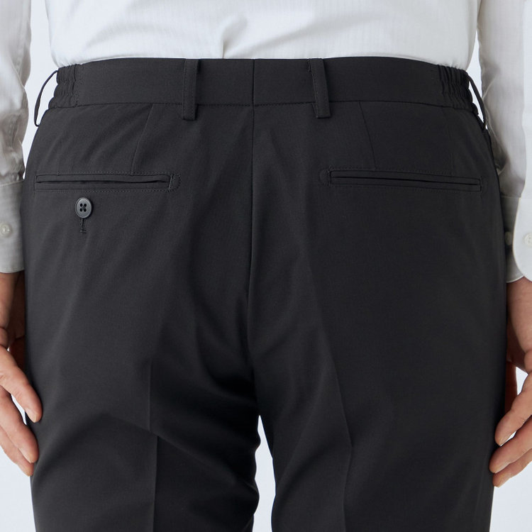 ブラックライン 【発送在庫あり】【SLIM TAPERED】【春夏】4S 0タックテーパードパンツ/ブラック×シャドーストライプ/ウエストシャーリング仕様/ウォッシャブル/※裾上げ済仕様 黒