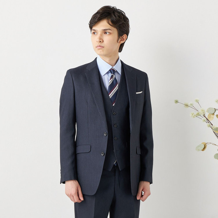 ブラックライン 【SLIM TAPERED】【年間】 2釦シングルスリーピーススーツ 0タック/ ダークネイビー×デジタルデニム  /ウエストシャーリング/ 4S TAKE OUT SUITS / ※パンツ裾上げ済仕様 紺濃色