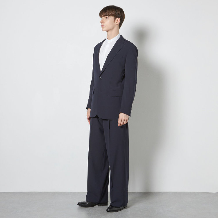 ソノタ 【BLACK LINE】【春夏】1タックワイドシルエットパンツ/ネイビー×シアサッカー/NEW ZEALAND WOOL MIX Super100’s/※裾上げ必要 紺中間