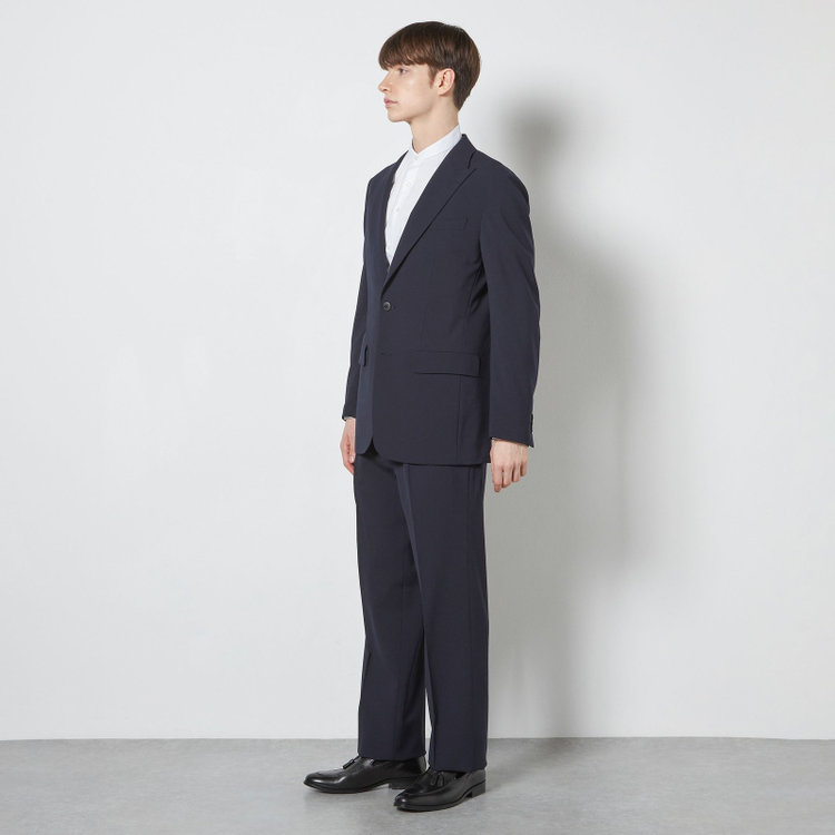 ソノタ 【BLACK LINE】【春夏】1タックワイドシルエットパンツ/ネイビー×シアサッカー/NEW ZEALAND WOOL MIX Super100’s/※裾上げ必要 紺中間