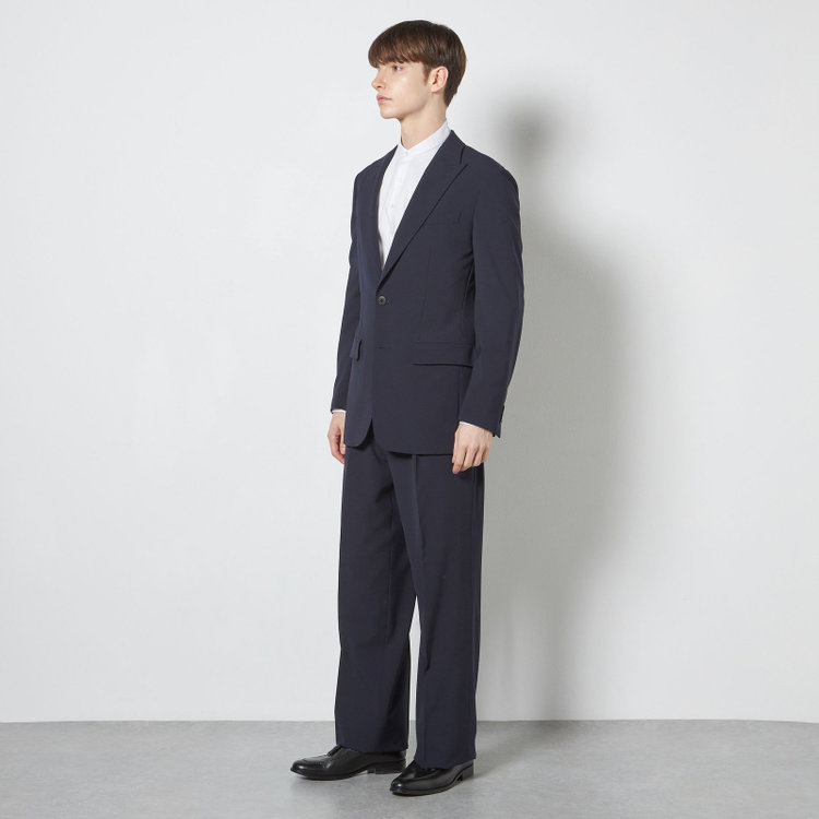 ソノタ 【BLACK LINE】【春夏】1タックワイドシルエットパンツ/ネイビー×シアサッカー/NEW ZEALAND WOOL MIX Super100’s/※裾上げ必要 紺中間