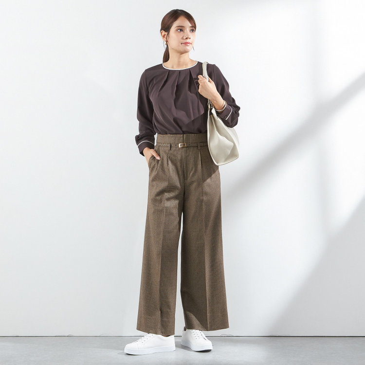 シルバーライン 【SL/長袖】ランダムタックプルオーバー/ダークブラウン+ホワイト/「ウォッシャブル」「ストレッチ」「防シワ」「UV加工」「静電気防止」 茶中間