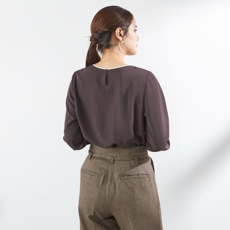 シルバーライン 【SL/長袖】ランダムタックプルオーバー/ダークブラウン+ホワイト/「ウォッシャブル」「ストレッチ」「防シワ」「UV加工」「静電気防止」 茶中間