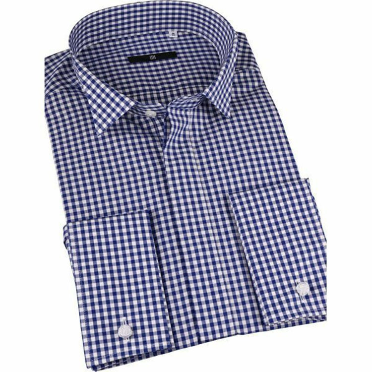 ブラックライン 【BLACK LINE】ウイングカラードレスワイシャツ/ブルー＆ホワイト×チェック+ダブルカフス(ゴムカフス付) 青中間