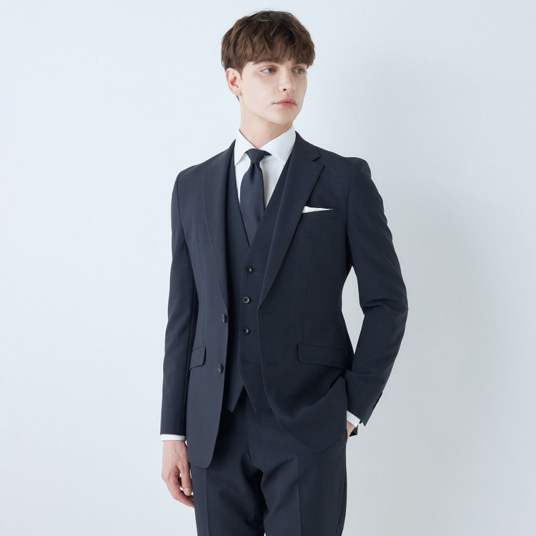 ブラックライン 【SLIM TAPERED_2】【春夏】2釦シングルスリーピーススーツ 0タック/ネイビー×チェック/ウエストシャーリング/4S SUSTAINABILITY&ECOLOGY FABRIC/※パンツ裾上げ済仕様 紺濃色