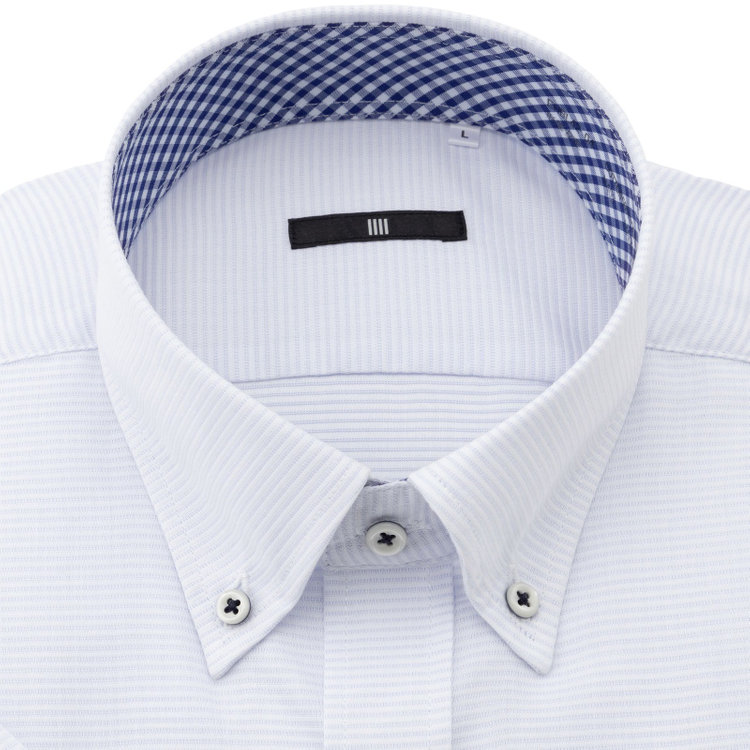 ブラックライン 【発送在庫あり】【BLACK LINE/半袖】【形態安定】ボタンダウンドレスワイシャツ/サックス＆ホワイト×ボーダー/襟裏別布：チェック/釦付糸：ネイビー 青淡色