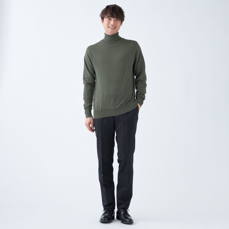 スーツセレクト 【RBC】【秋冬】ウール100％タートルネックニットセーター/カーキ/ZEGNA BARUFFA/マシンウォッシャブル 黄淡色