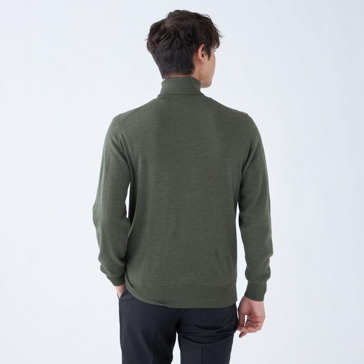 スーツセレクト 【RBC】【秋冬】ウール100％タートルネックニットセーター/カーキ/ZEGNA BARUFFA/マシンウォッシャブル 黄淡色