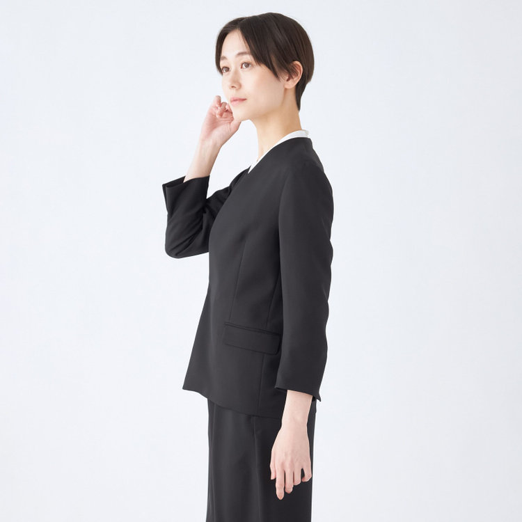 シルバーライン 【SL】【春夏】ノーカラー七分袖ジャケット/ブラック/ウォッシャブル 黒