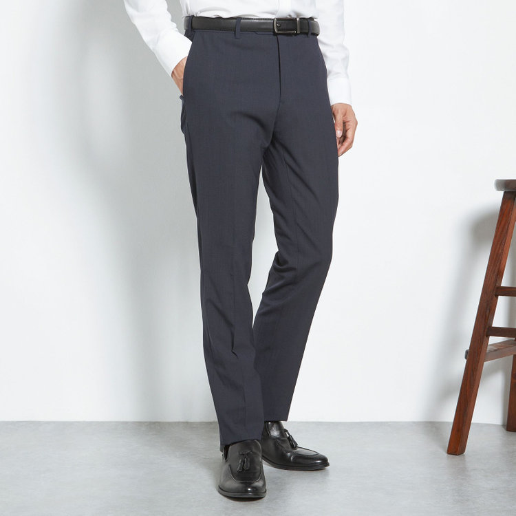 ブラックライン 【SLIM TAPERED】【春夏】0タックテーパードパンツ/ブラック×マイクロチェック/ウエストムーブ/ウォッシャブル/4S/※裾上げ必要 紺中間