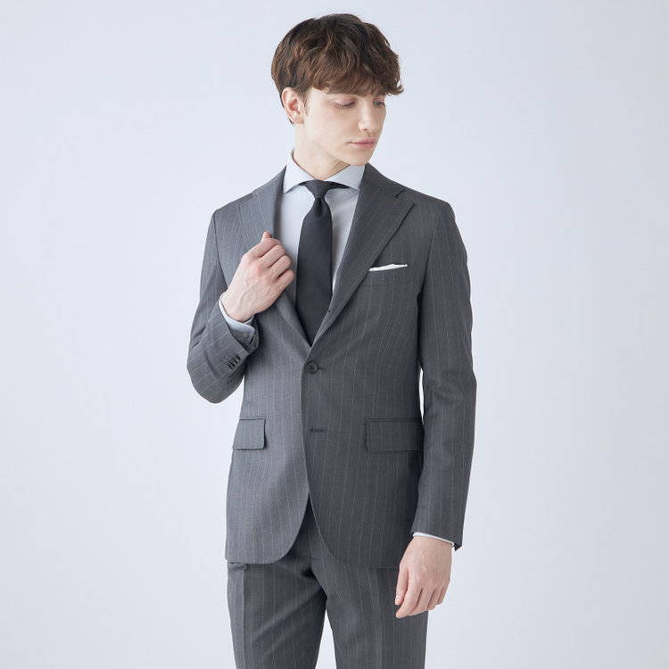 シルバーライン 【CLASSICO TAPERED】【春夏】3釦段返りシングルスーツ 2タック/グレー×ストライプ/ウエストムーブ仕様/MARZOTTO/※パンツ裾直し必要 グレー中間