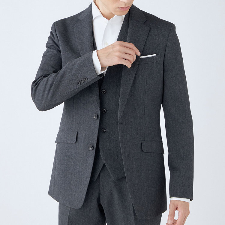 ブラックライン 【SLIM TAPERED_2】【秋冬】2釦シングルスリーピーススーツ 0タック/グレー×シャドーストライプ/ウエストシャーリング/4S SUSTAINABILITY&ECOLOGY FABRIC/※パンツ裾上げ済仕様 グレー中間