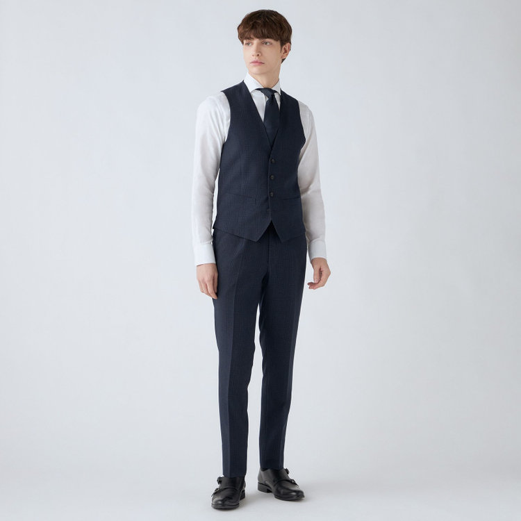 シルバーライン 【CLASSICO TAPERED】【秋冬】2釦シングルスリーピーススーツ 1タックテーパードパンツ/ネイビー×プレイド/ウエストムーブ/4S SUSTAINABILITY&ECOLOGY FABRIC/※パンツ裾上げ済仕様 紺濃色