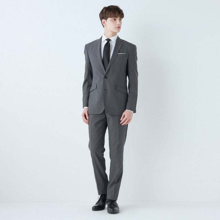 ブラックライン 【KSW】【春夏】スペアパンツ付き/2釦シングルスーツ 0タック/グレー×ストライプ/WASHABLE SUIT/※パンツ裾直し必要 グレー中間