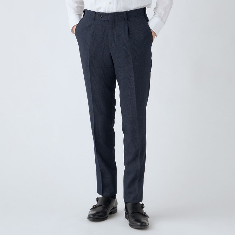 シルバーライン 【CLASSICO TAPERED】【秋冬】2釦シングルスリーピーススーツ 1タックテーパードパンツ/ネイビー×プレイド/ウエストムーブ/4S SUSTAINABILITY&ECOLOGY FABRIC/※パンツ裾上げ済仕様 紺濃色