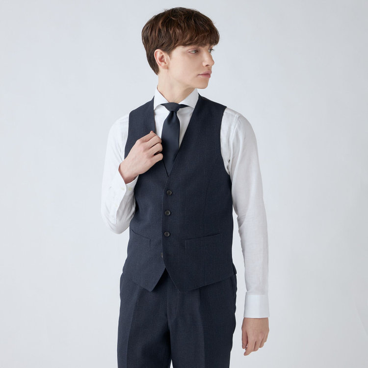 シルバーライン 【CLASSICO TAPERED】【秋冬】2釦シングルスリーピーススーツ 1タックテーパードパンツ/ネイビー×プレイド/ウエストムーブ/4S SUSTAINABILITY&ECOLOGY FABRIC/※パンツ裾上げ済仕様 紺濃色