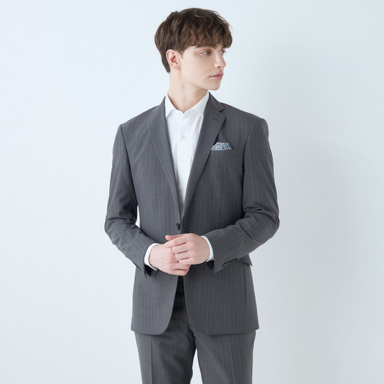 ブラックライン 【KSW】【春夏】スペアパンツ付き/2釦シングルスーツ 0タック/グレー×ストライプ/WASHABLE SUIT/※パンツ裾直し必要 グレー中間