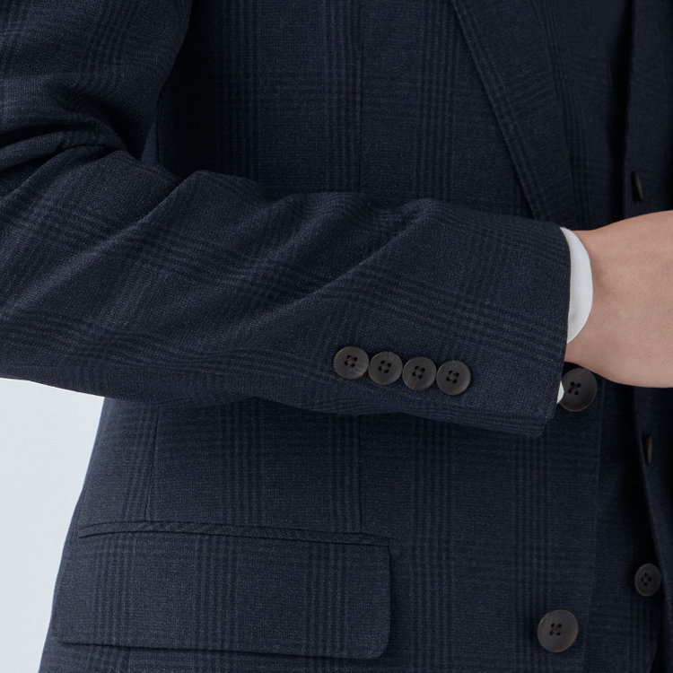 シルバーライン 【CLASSICO TAPERED】【秋冬】2釦シングルスリーピーススーツ 1タックテーパードパンツ/ネイビー×プレイド/ウエストムーブ/4S SUSTAINABILITY&ECOLOGY FABRIC/※パンツ裾上げ済仕様 紺濃色