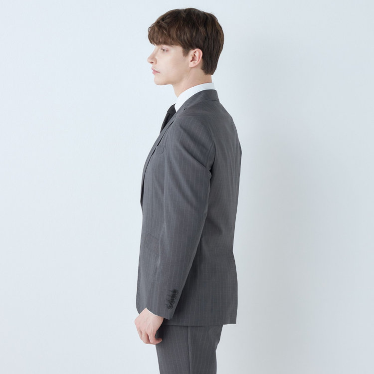 ブラックライン 【KSW】【春夏】スペアパンツ付き/2釦シングルスーツ 0タック/グレー×ストライプ/WASHABLE SUIT/※パンツ裾直し必要 グレー中間