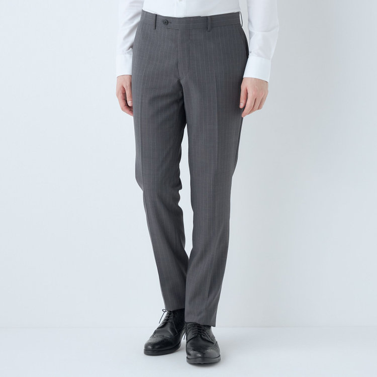 ブラックライン 【KSW】【春夏】スペアパンツ付き/2釦シングルスーツ 0タック/グレー×ストライプ/WASHABLE SUIT/※パンツ裾直し必要 グレー中間