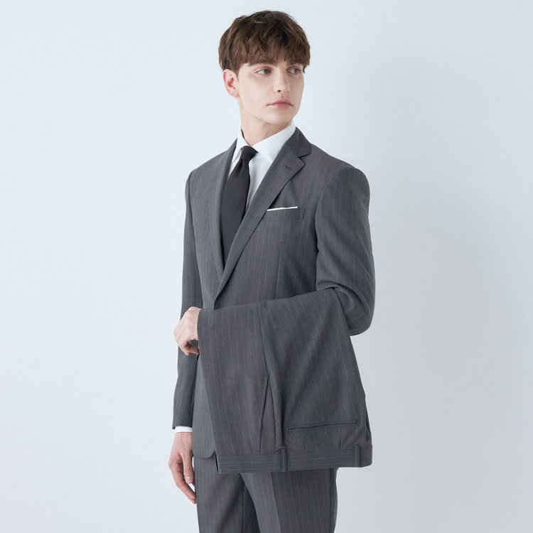 ブラックライン 【KSW】【春夏】スペアパンツ付き/2釦シングルスーツ 0タック/グレー×ストライプ/WASHABLE SUIT/※パンツ裾直し必要 グレー中間