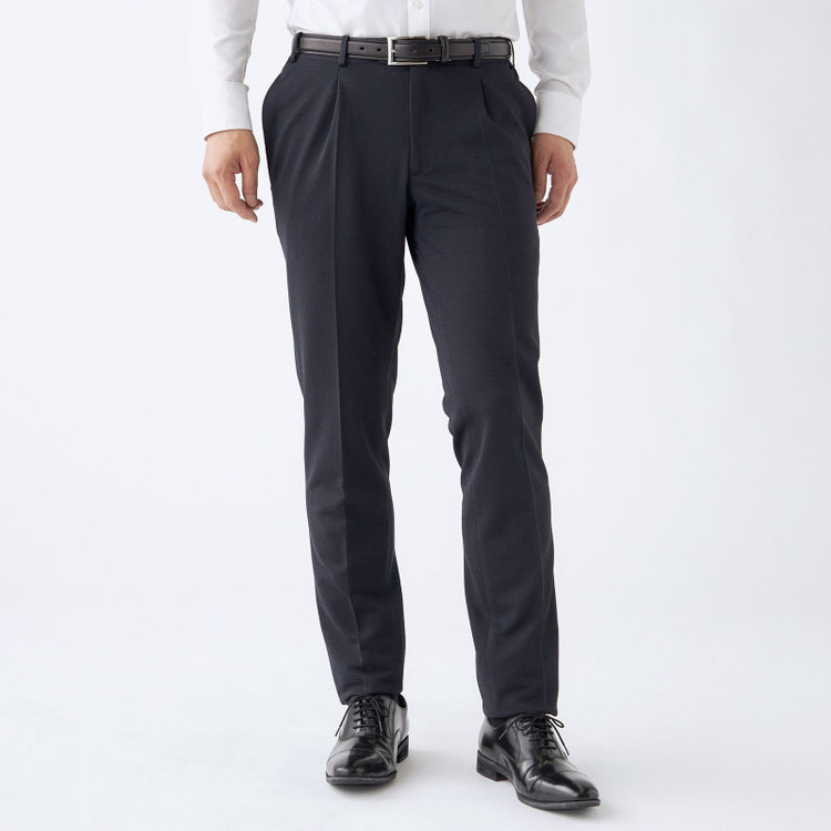シルバーライン 【CLASSICO TAPERED】【春夏】1タックテーパードパンツ/ネイビー＆ブラック×ハウンドトゥース/ウエストシャーリング/4S SUSTAINABILITY&ECOLOGY FABRIC/※裾上げ必要 紺濃色
