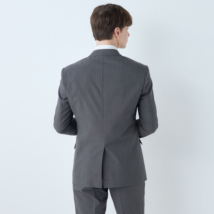 ブラックライン 【KSW】【春夏】スペアパンツ付き/2釦シングルスーツ 0タック/グレー×ストライプ/WASHABLE SUIT/※パンツ裾直し必要 グレー中間
