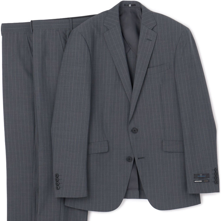 ブラックライン 【KSW】【春夏】スペアパンツ付き/2釦シングルスーツ 0タック/グレー×ストライプ/WASHABLE SUIT/※パンツ裾直し必要 グレー中間