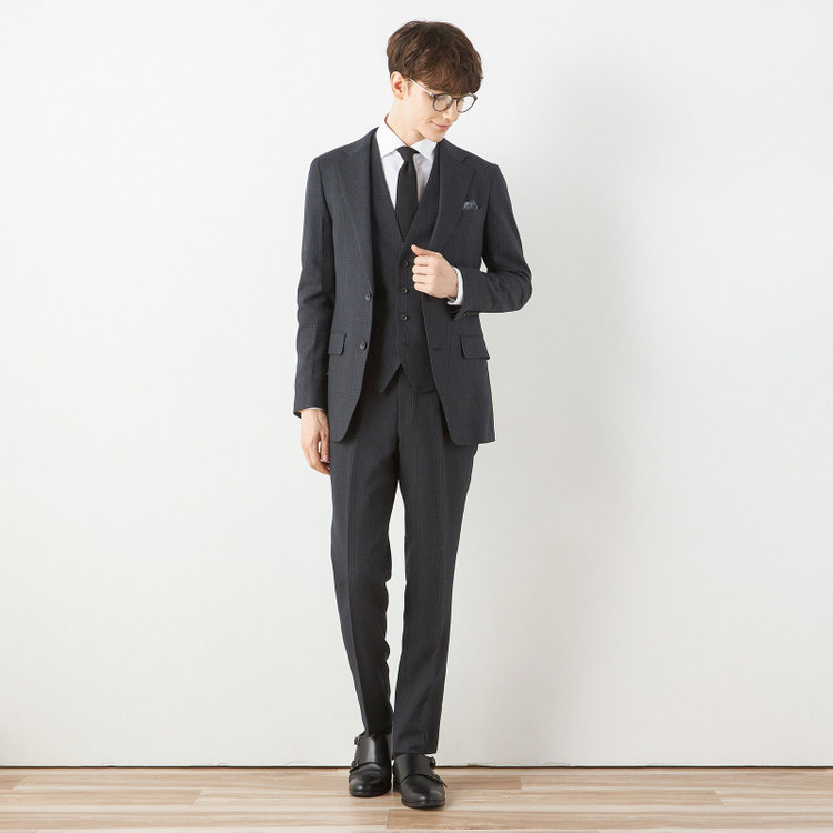 シルバーライン 【CLASSICO TAPERED】【秋冬】2釦シングルスリーピーススーツ 1タックテーパードパンツ/グレー×チェック/ウエストムーブ/4S SUSTAINABILITY&ECOLOGY FABRIC/※パンツ裾上げ済仕様 グレー濃色