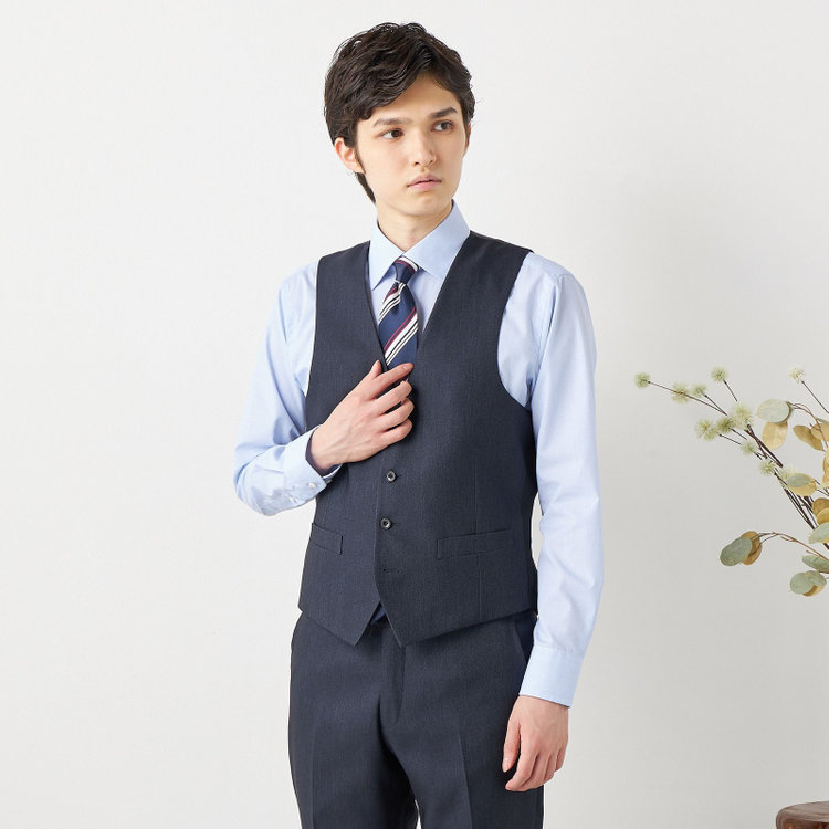 ブラックライン 【SLIM TAPERED】【年間】 2釦シングルスリーピーススーツ 0タック/ ダークネイビー×デジタルデニム  /ウエストシャーリング/ 4S TAKE OUT SUITS / ※パンツ裾上げ済仕様 紺濃色