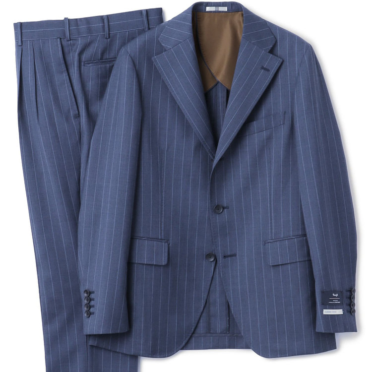 シルバーライン 【CLASSICO TAPERED】【春夏】3釦段返りシングルスーツ 2タック/ネイビー×ストライプ/ウエストムーブ仕様/MARZOTTO/※パンツ裾直し必要 紺淡色
