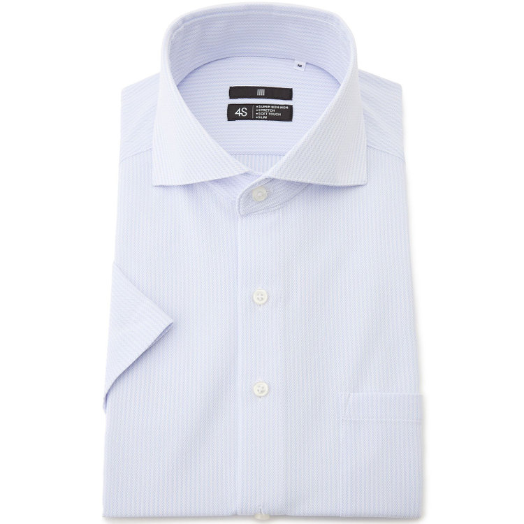 SUIT SELECT　アウトレット 【WEB限定/OUTLET/汚れ・キズ等有】【BLACK LINE/半袖】ホリゾンタルワイドワイシャツ/サックス＆ホワイト×ドビーストライプ/「4S」スーパーノンアイロン・ストレッチ 青濃色