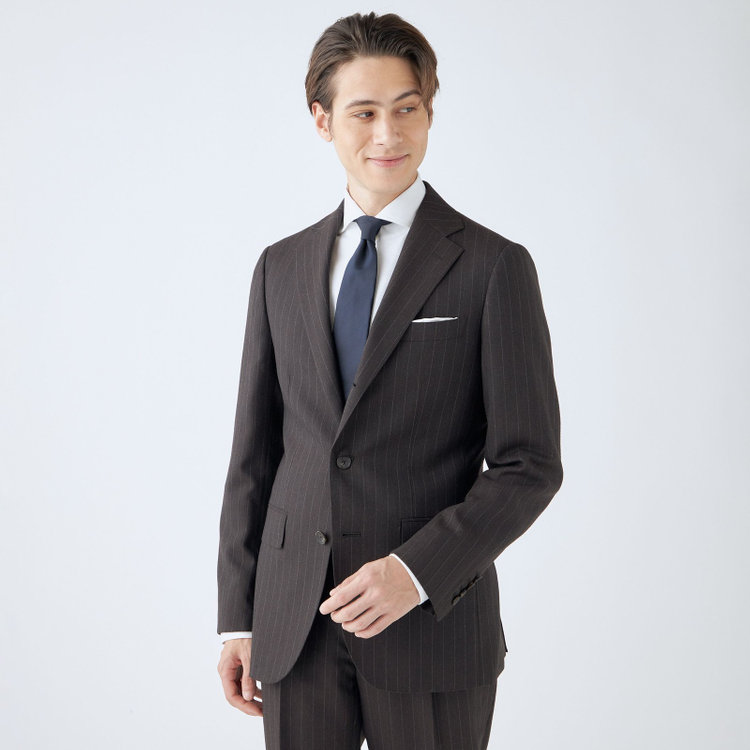シルバーライン 【CLASSICO TAPERED】【秋冬】3釦段返りスーツ 2タック/ブラウン×ストライプ/ウエストムーブ/NEW ZEALAND WOOL MIX/※裾上げ必要 茶濃色