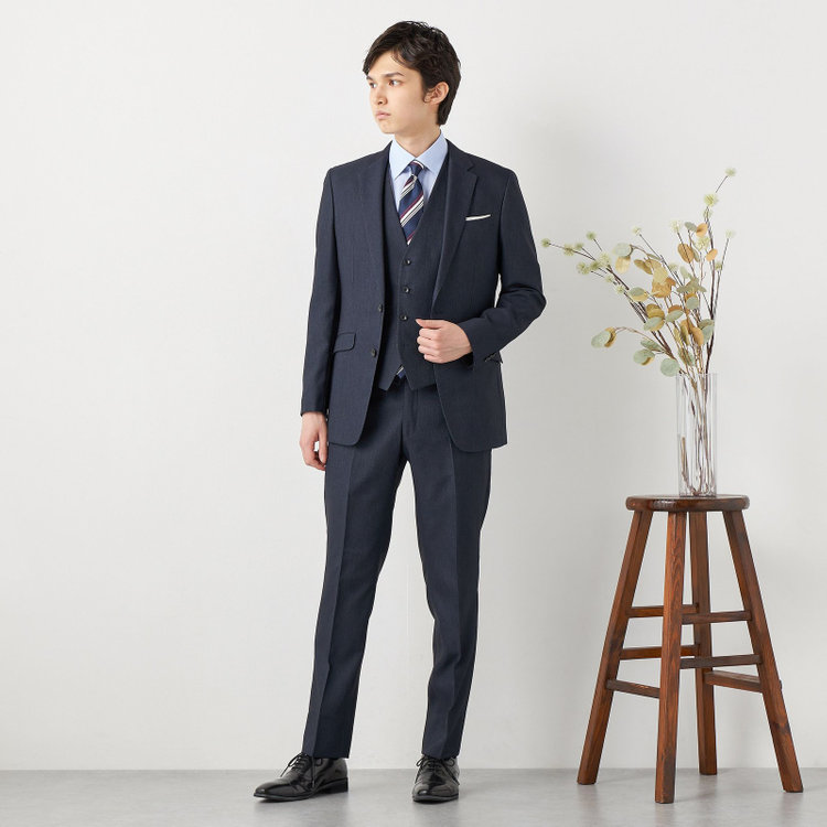 ブラックライン 【SLIM TAPERED】【年間】 2釦シングルスリーピーススーツ 0タック/ ダークネイビー×デジタルデニム  /ウエストシャーリング/ 4S TAKE OUT SUITS / ※パンツ裾上げ済仕様 紺濃色