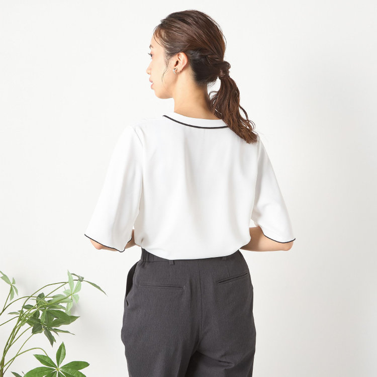 シルバーライン 【SILVER LINE/5分袖】配色スキッパー前開き メタルボタン/ホワイト/「ウォッシャブル」「ストレッチ」「防シワ」「UV加工」「接触冷感」 白