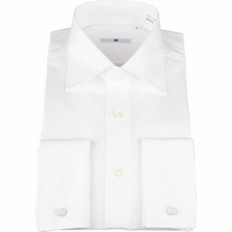 シルバーライン 【SILVER LINE】【形態安定】ワイドカラードレスワイシャツ/ホワイト×ドビーツイル+ダブルカフス(ゴムカフス付) 白