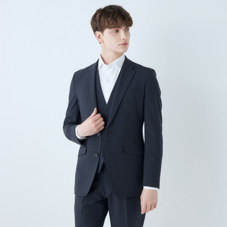 ブラックライン 【SLIM TAPERED_2】【春夏】2釦シングルスリーピーススーツ 0タック/ネイビー×チェック/ウエストシャーリング/4S SUSTAINABILITY&ECOLOGY FABRIC/※パンツ裾上げ済仕様 紺濃色