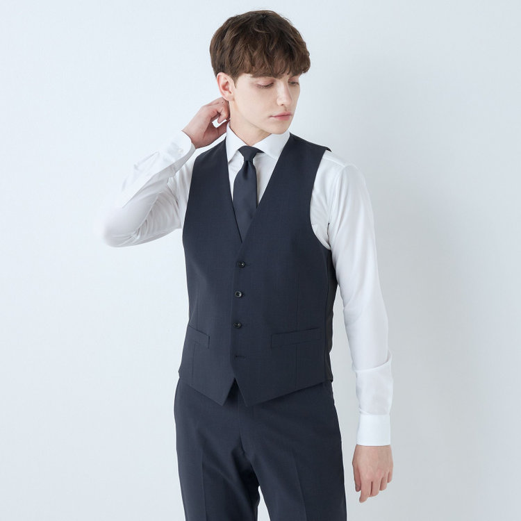 ブラックライン 【SLIM TAPERED_2】【春夏】2釦シングルスリーピーススーツ 0タック/ネイビー×チェック/ウエストシャーリング/4S SUSTAINABILITY&ECOLOGY FABRIC/※パンツ裾上げ済仕様 紺濃色