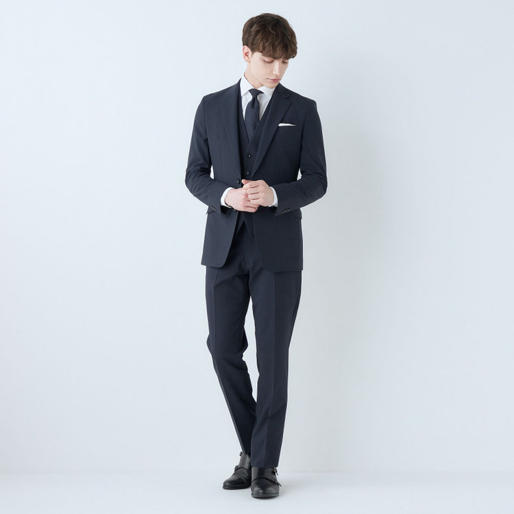 ブラックライン 【SLIM TAPERED_2】【春夏】2釦シングルスリーピーススーツ 0タック/ネイビー×チェック/ウエストシャーリング/4S SUSTAINABILITY&ECOLOGY FABRIC/※パンツ裾上げ済仕様 紺濃色