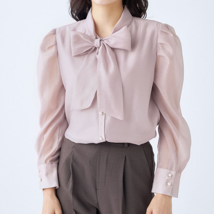 スーツセレクト 【Lady Like BLOUSE】【長袖】ボウタイブラウス/グレイッシュピンク 赤淡色