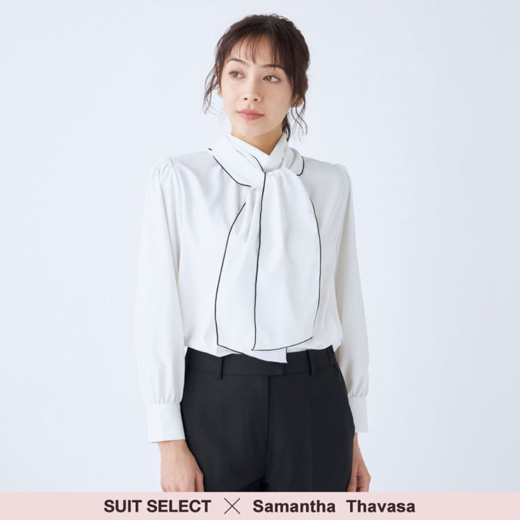 SUIT SELECT　アウトレット 【WEB限定/OUTLET/汚れ・キズ等有】【SUIT SELECT×Samantha Thavasa】【長袖】前後2WAYボウタイブラウス/ホワイト/「ウォッシャブル可能」「2WAYストレッチ」「防シワ」「UV加工」「接触冷感」「透け軽減」 白